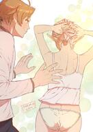 1boy 1girl adjusting_hair arms_up artist:kiyo_(a_sam_ko) artist_name ass bare_arms bare_shoulders blonde_hair camisole character:rudeus_greyrat character:sylphiette_(mushoku_tensei) closed_mouth copyright:mushoku_tensei dated elf from_behind hetero long_sleeves panties pointy_ears short_hair shoulder_blades smile underwear white_camisole white_hair white_panties // 1048x1480 // 359KB