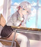 1girl :3 ahoge artist:momoko_(momopoco) black_skirt blazer blue_eyes chair character:alisa_mikhailovna_kujou classroom copyright:tokidoki_bosotto_roshia-go_de_dereru_tonari_no_alya-san day desk hair_ribbon hand_up indoors jacket long_hair long_sleeves looking_at_viewer meta:official_art miniskirt on_chair pleated_skirt ribbon school_chair school_desk school_uniform sidelocks sitting skirt smile solo sunlight thighhighs thighs white_hair white_jacket white_thighhighs window wing_collar zettai_ryouiki // 2000x2259 // 452KB