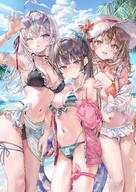 3girls ahoge armpits artist:momoko_(momopoco) bare_shoulders bikini black_bikini black_bra black_eyes black_hair black_panties blue_eyes blue_sky bow breasts brown_eyes brown_hair character:alisa_mikhailovna_kujou character:mariya_mikhailovna_kujou character:suou_yuki cleavage cloud cloudy_sky copyright:tokidoki_bosotto_roshia-go_de_dereru_tonari_no_alya-san eyewear_on_head grey_hair grin hair_between_eyes hat hat_bow heart heart-shaped_eyewear holding large_breasts looking_at_viewer meta:official_art multiple_girls navel open_mouth orange_bikini orange_bra outdoors parted_lips sky smile standing stomach striped_bikini sun_hat swimsuit thigh_gap thigh_strap thighs wet white_hat white_panties // 2000x2828 // 938KB