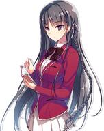 1girl artist:tomose_shunsaku book breasts brown_eyes character:horikita_suzune copyright:youkoso_jitsuryoku_shijou_shugi_no_kyoushitsu_e female_focus long_hair looking_at_viewer meta:official_art ribbon school_uniform simple_background skirt solo white_background // 557x705 // 351KB