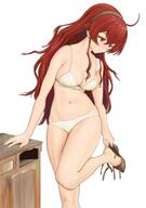 1girl adjusting_footwear ahoge artist:rora_(user_vgpk4444) bare_shoulders bra breasts brown_hairband character:eris_greyrat cleavage copyright:mushoku_tensei foot_up hair_between_eyes large_breasts long_hair looking_down navel orange_eyes panties putting_on_footwear red_hair simple_background solo standing standing_on_one_leg table thighs underwear underwear_only white_background white_bra white_panties wooden_table // 1440x2048 // 200KB