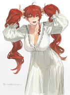 1girl alternate_hairstyle artist:tonko_from blush breasts bunching_hair character:eris_greyrat cleavage collarbone copyright:mushoku_tensei gradient_background hair_between_eyes hands_up holding holding_own_hair large_breasts long_hair long_sleeves looking_at_viewer nightgown official_alternate_costume open_mouth playing_with_own_hair red_eyes red_hair solo standing sweat twintails twitter_username v-shaped_eyebrows very_long_hair white_background white_nightgown // 2039x2786 // 1.2MB