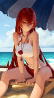 1girl alternate_costume arm_support artist:aqwariate beach_umbrella blue_sky breasts character:eris_greyrat closed_mouth cloud cloudy_sky copyright:mushoku_tensei cropped_shirt day feet_out_of_frame horizon large_breasts lifeguard light_smile looking_at_viewer ocean red_eyes red_hair red_shorts seductive_smile shade shorts sitting sky solo tank_top thighs umbrella very_long_hair water whistle whistle_around_neck white_tank_top // 2314x4200 // 12MB