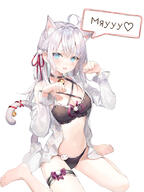 1girl ahoge animal_ears artist:momoko_(momopoco) bare_shoulders barefoot bell black_bra black_choker black_panties blue_eyes bra breasts cat_ears character:alisa_mikhailovna_kujou choker cleavage copyright:tokidoki_bosotto_roshia-go_de_dereru_tonari_no_alya-san criss-criss_halter embarrassed extra_ears frilled_bra frills frown hair_ribbon halterneck hands_up jingle_bell kemonomimi_mode lingerie long_hair long_sleeves looking_at_viewer medium_breasts meta:ai_translated meta:official_art navel no_pants off_shoulder open_clothes open_mouth open_shirt panties paw_pose ribbon russian_text shirt sidelocks sitting solo speech_bubble stomach string_panties thigh_strap thighs underwear wariza white_shirt // 1500x2000 // 989KB