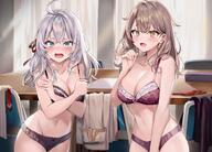 2girls :3 :d ahoge arms_under_breasts artist:momoko_(momopoco) bare_arms bare_shoulders black_bra black_panties blue_eyes blush bow bow_bra bow_panties bra breasts brown_hair character:alisa_mikhailovna_kujou character:mariya_mikhailovna_kujou cleavage copyright:tokidoki_bosotto_roshia-go_de_dereru_tonari_no_alya-san covering_breasts covering_privates cowboy_shot crossed_bangs curtains embarrassed groin hair_ribbon hand_up indoors lace lace-trimmed_bra lace_trim large_breasts lingerie long_hair looking_at_viewer meta:official_art multiple_girls navel open_mouth panties purple_bra purple_panties raised_eyebrow red_bra red_panties ribbon shirt siblings sisters small small_sweatdrop standing stomach thighhighs underwear underwear_only undressing unworn_shirt white_hair yellow_eyes // 4096x2936 // 999KB