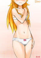 1girl artist:guangmang_poxiao blue_eyes blush bow bow_panties breasts character:kousaka_kirino copyright:ore_no_imouto_ga_konna_ni_kawaii_wake_ga_nai female_focus frown head_out_of_frame long_hair orange_hair panties small_breasts solo thighs underwear underwear_only white_bra white_panties // 1200x1700 // 1.4MB